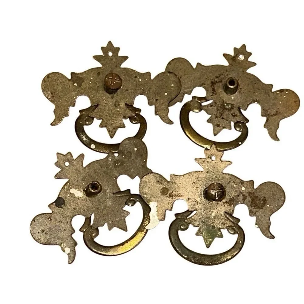 Vintage drawer pulls metal scroll work latch knocker Set of 4